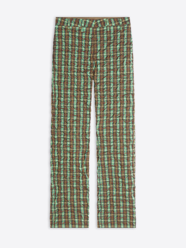 A pair of pants featuring a green and brown plaid pattern, displayed flat against a light gray background.