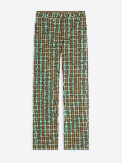 A pair of pants featuring a green and brown plaid pattern, displayed flat against a light gray background.