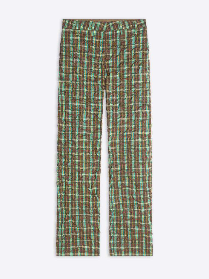A pair of pants featuring a green and brown plaid pattern, displayed flat against a light gray background.