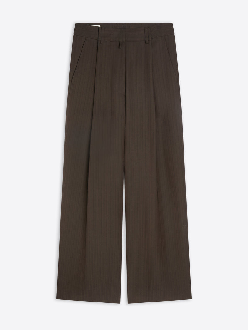 A pair of dark brown wide-leg trousers with subtle vertical pinstripes, shown flat against a light gray background.
