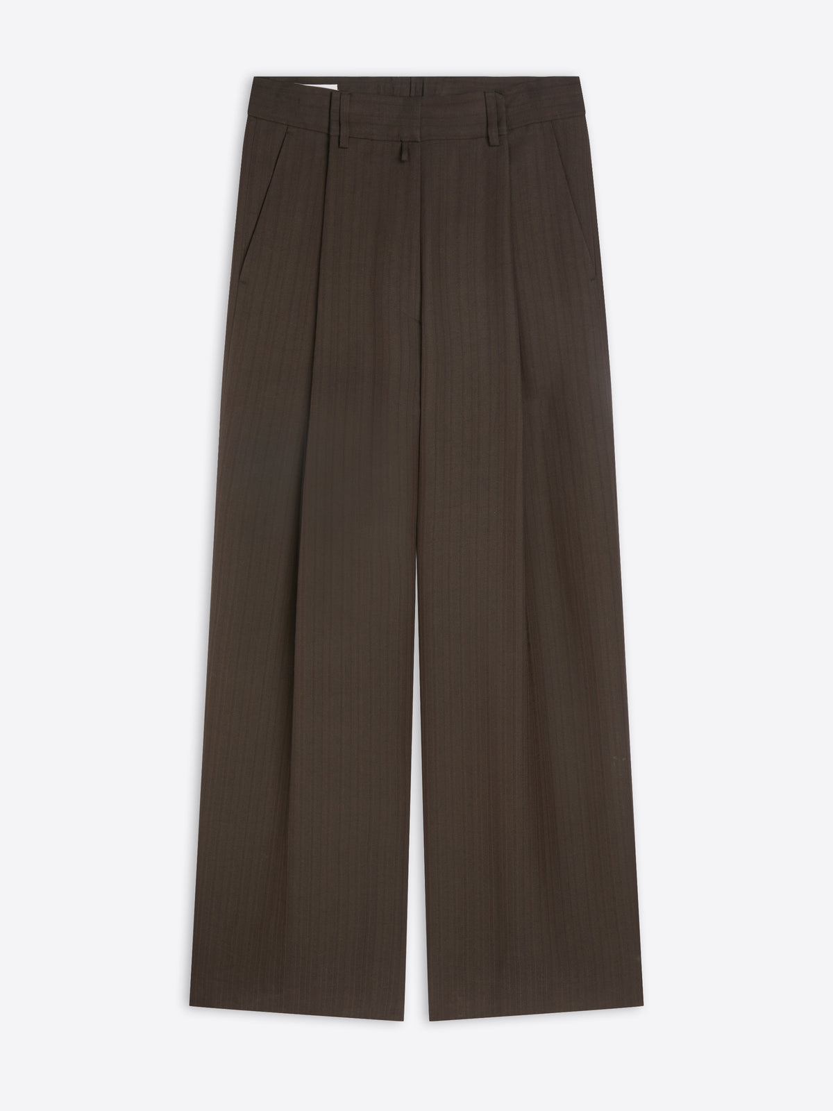A pair of dark brown wide-leg trousers with subtle vertical pinstripes, shown flat against a light gray background.