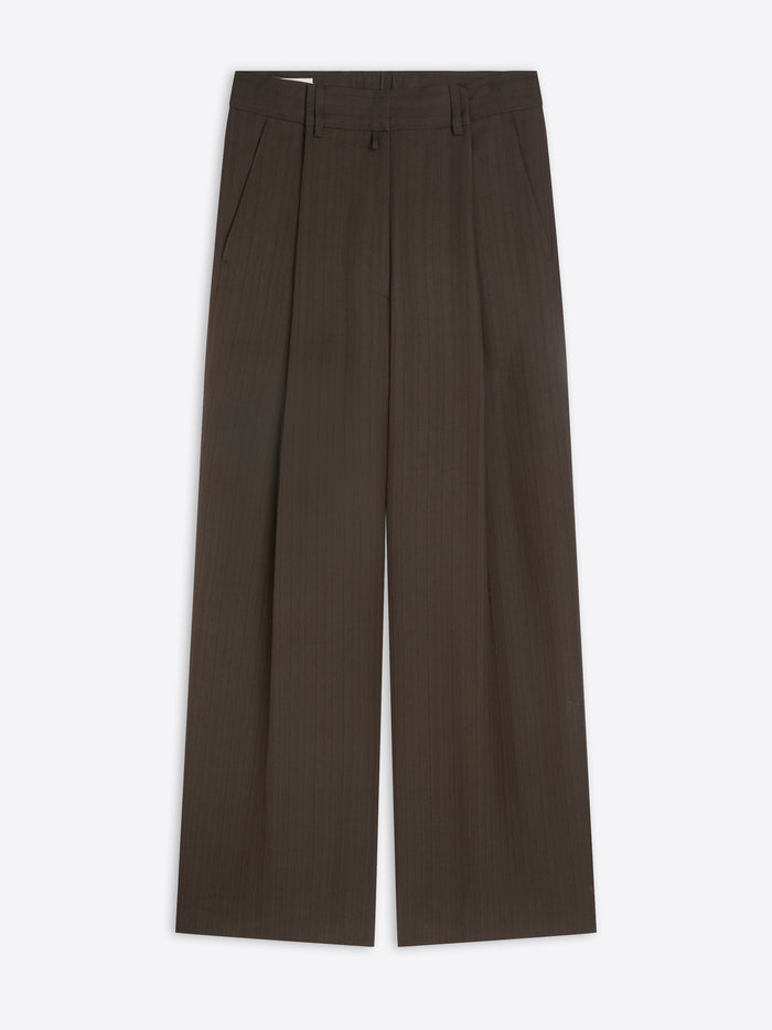 A pair of dark brown wide-leg trousers with subtle vertical pinstripes, shown flat against a light gray background.