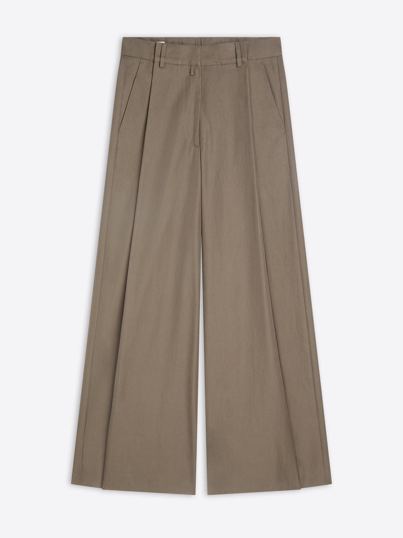A pair of wide-leg trousers in a muted taupe-brown color, shown flat against a light gray background.