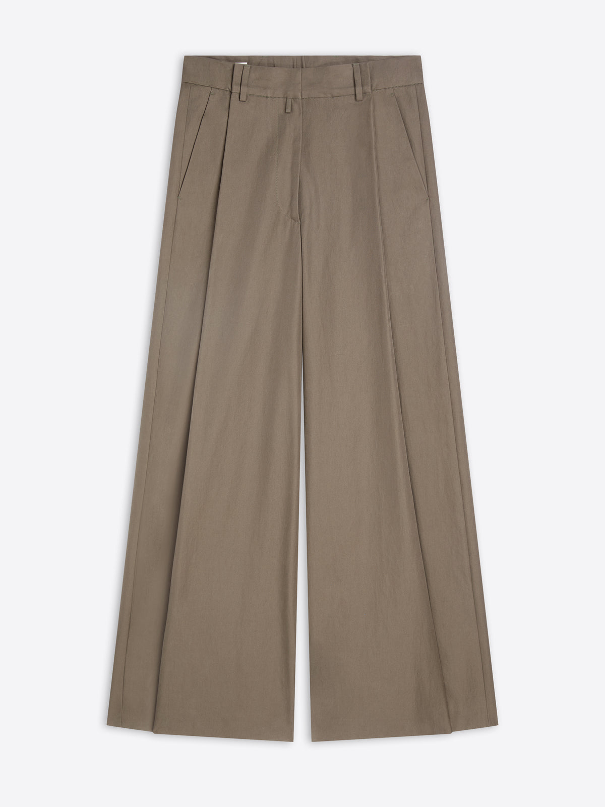 A pair of wide-leg trousers in a muted taupe-brown color, shown flat against a light gray background.