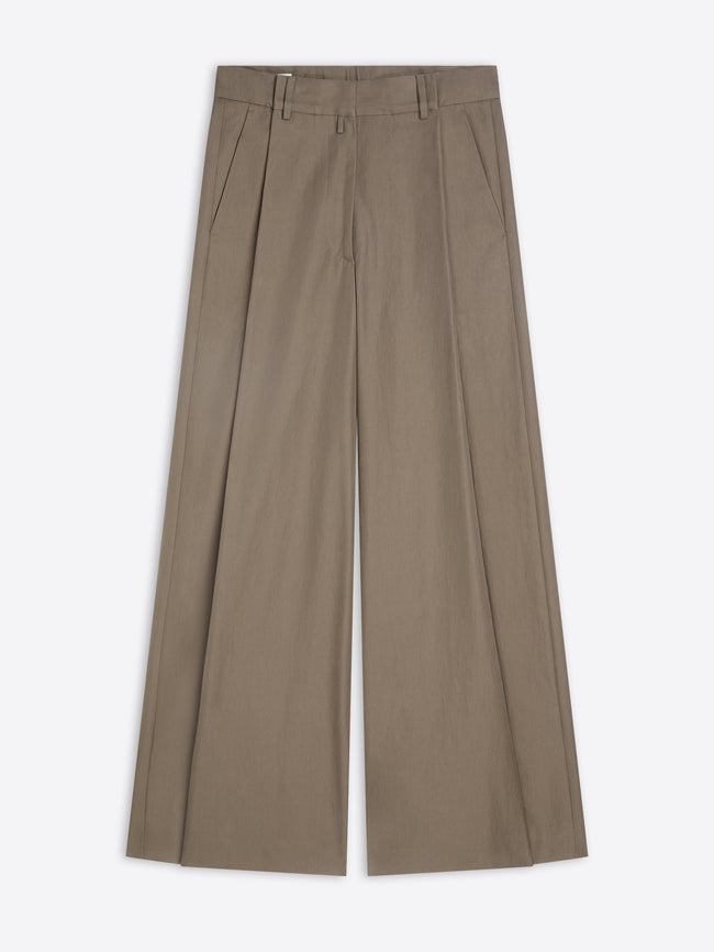 A pair of wide-leg trousers in a muted taupe-brown color, shown flat against a light gray background.