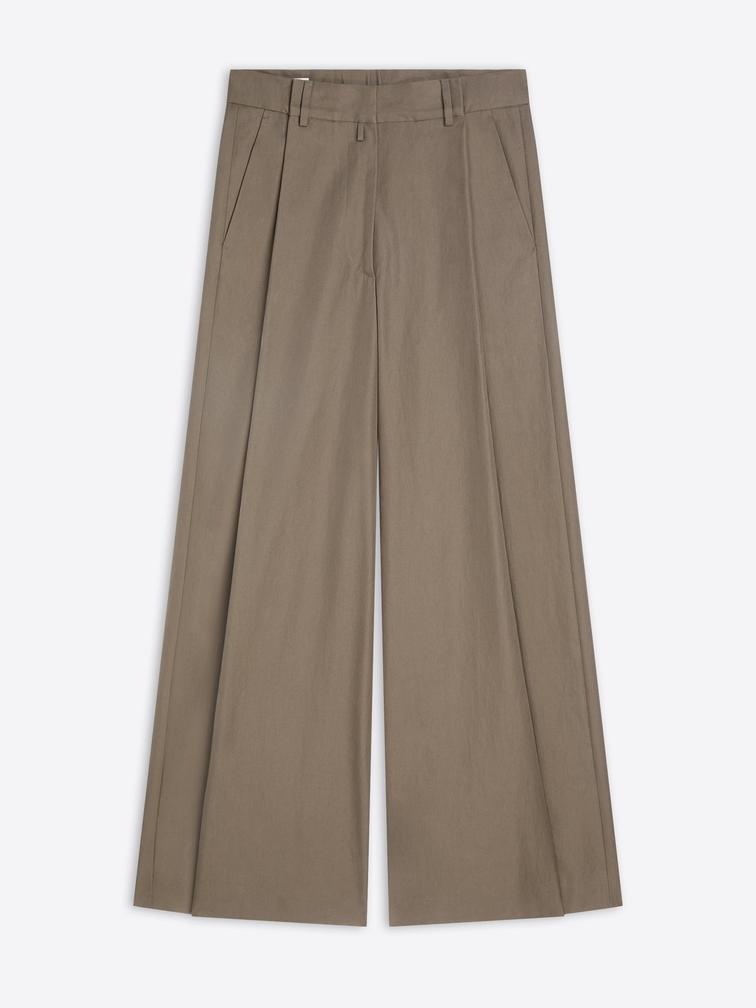 A pair of wide-leg trousers in a muted taupe-brown color, shown flat against a light gray background.