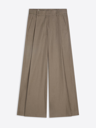 A pair of wide-leg trousers in a muted taupe-brown color, shown flat against a light gray background.