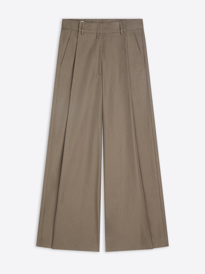 A pair of wide-leg trousers in a muted taupe-brown color, shown flat against a light gray background.