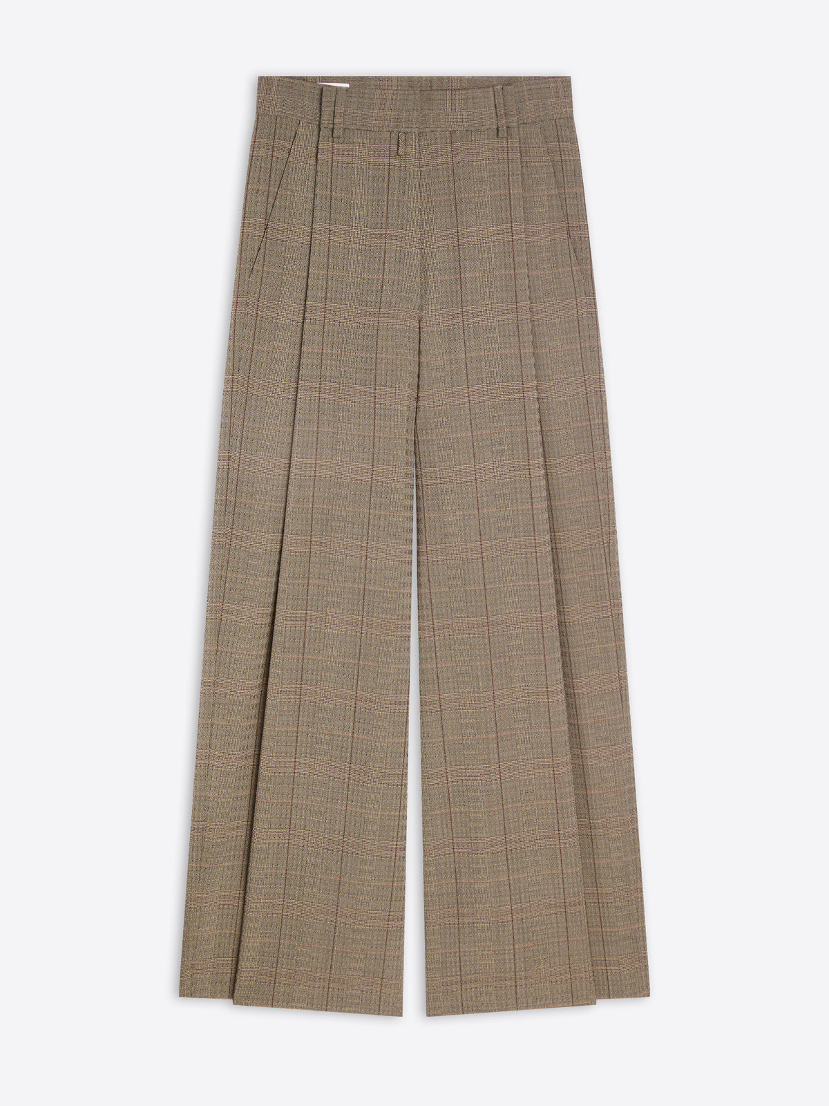 A pair of high-waisted, wide-leg trousers in a brown and beige plaid pattern, shown flat against a light gray background.