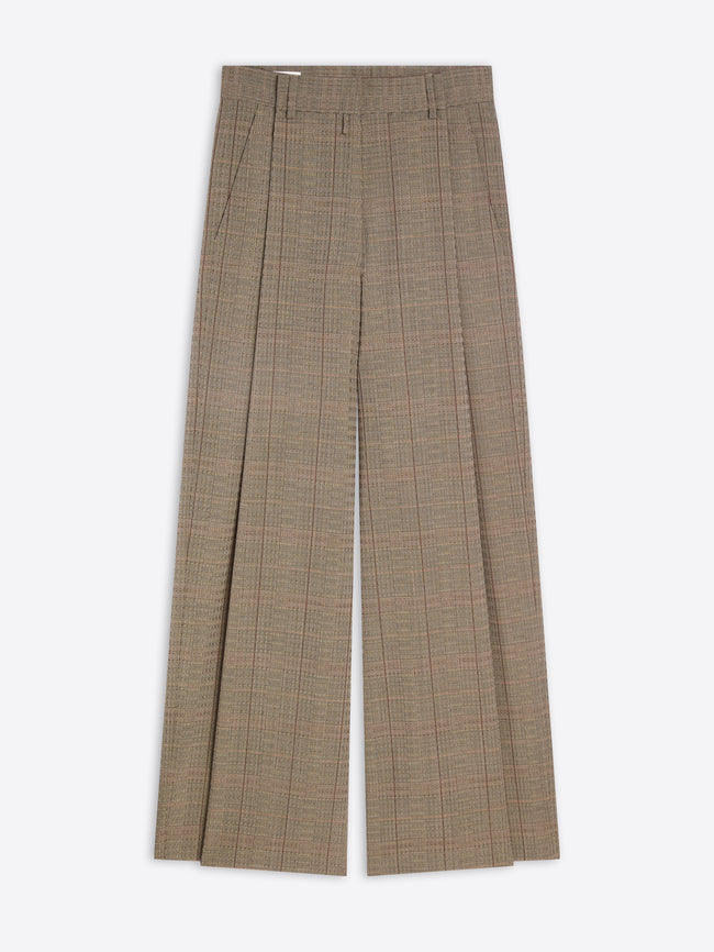 A pair of high-waisted, wide-leg trousers in a brown and beige plaid pattern, shown flat against a light gray background.