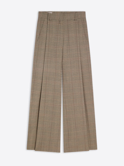 A pair of high-waisted, wide-leg trousers in a brown and beige plaid pattern, shown flat against a light gray background.