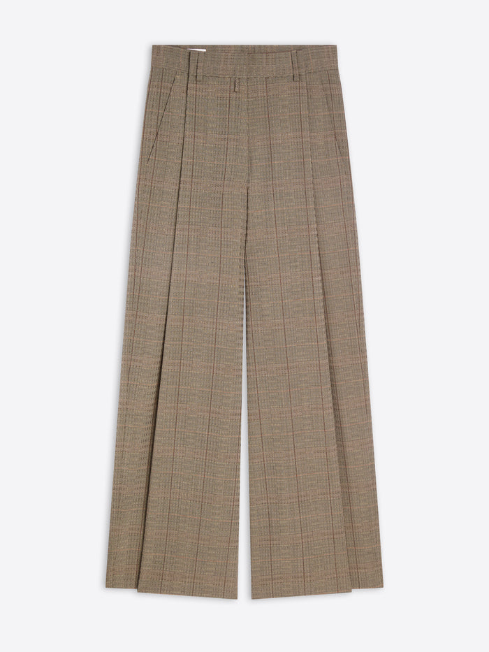 A pair of high-waisted, wide-leg trousers in a brown and beige plaid pattern, shown flat against a light gray background.