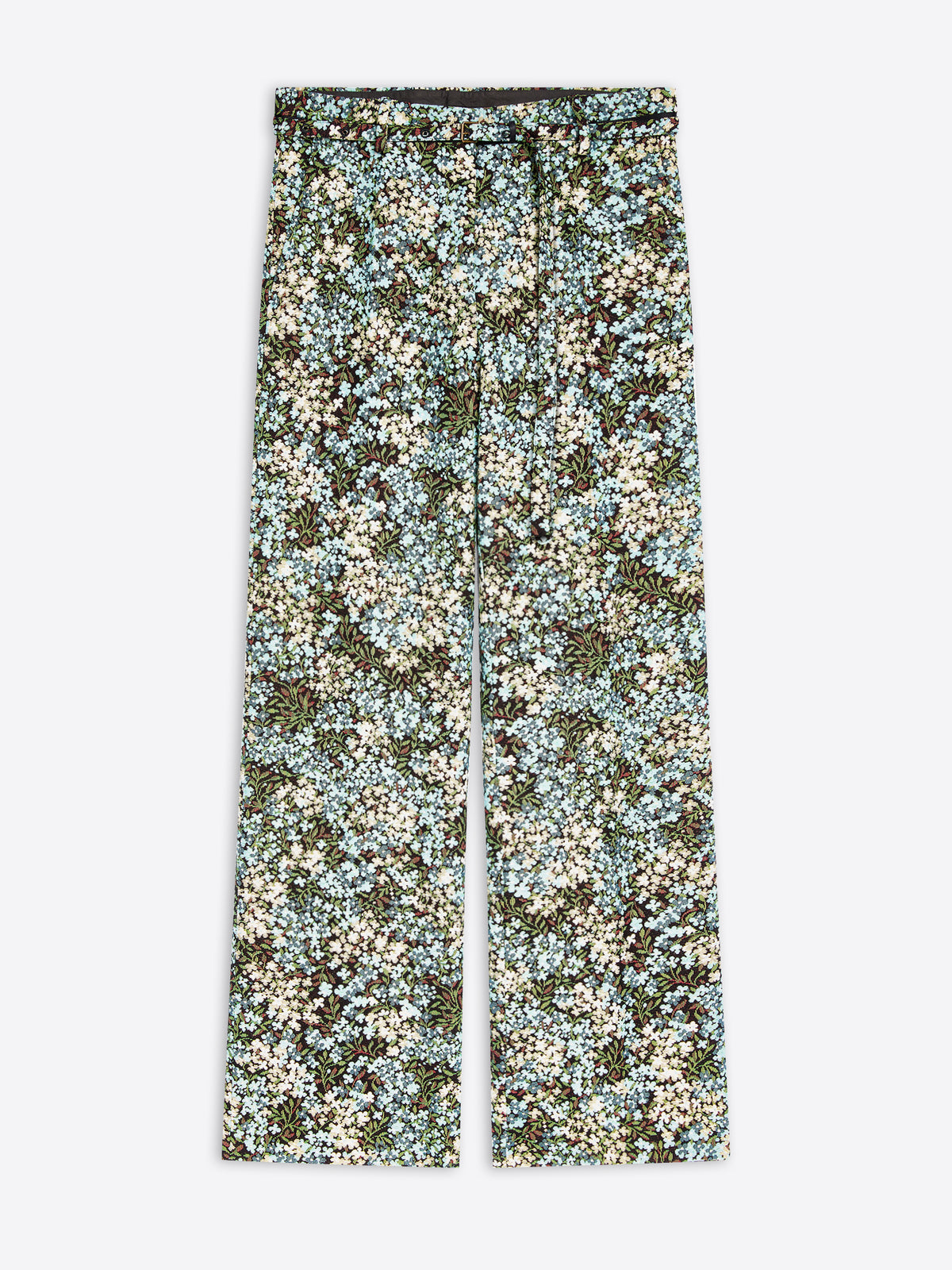 Wide-leg pants featuring an all-over dense floral print on a light gray background 