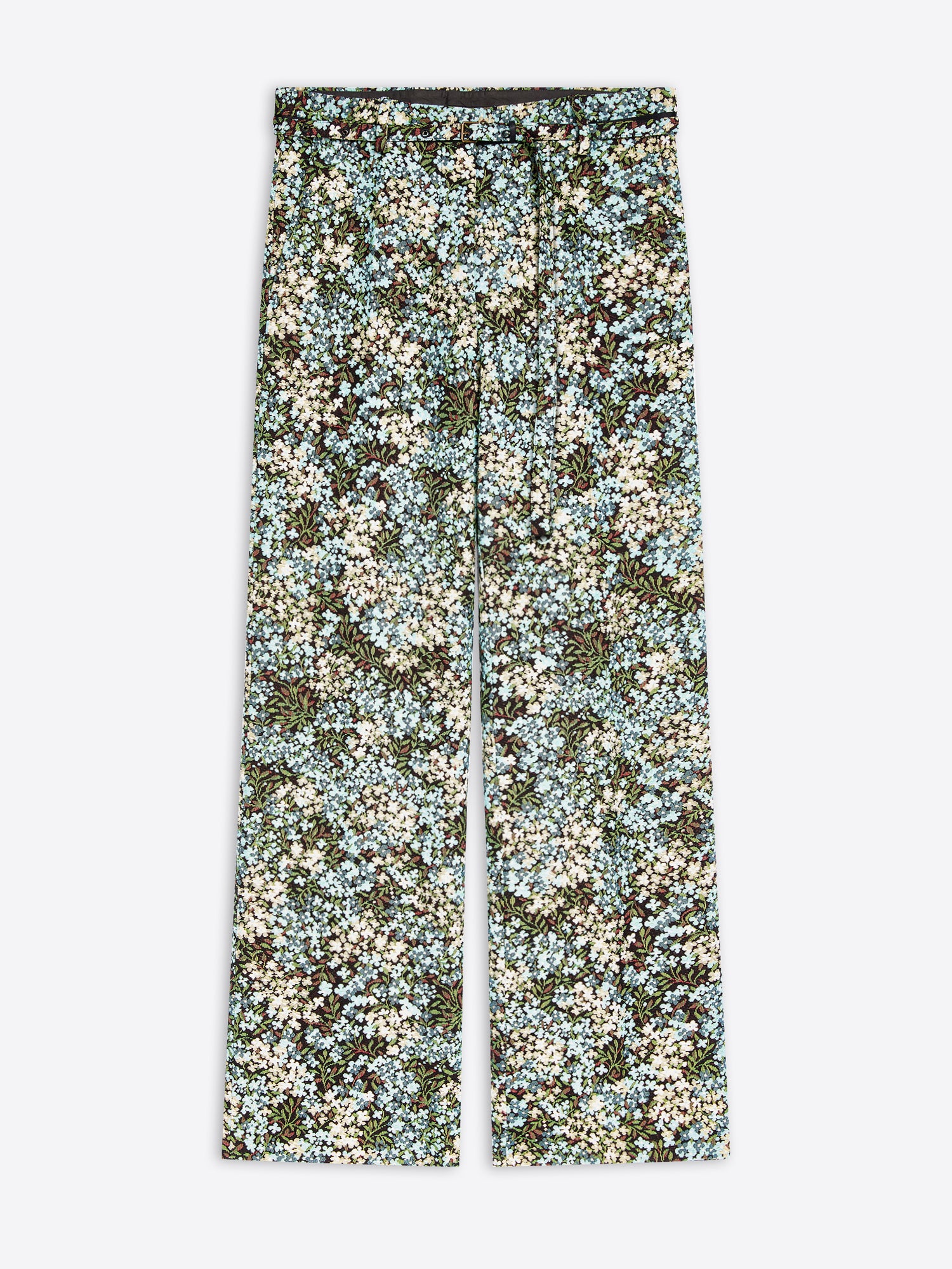 Wide-leg pants featuring an all-over dense floral print on a light gray background 