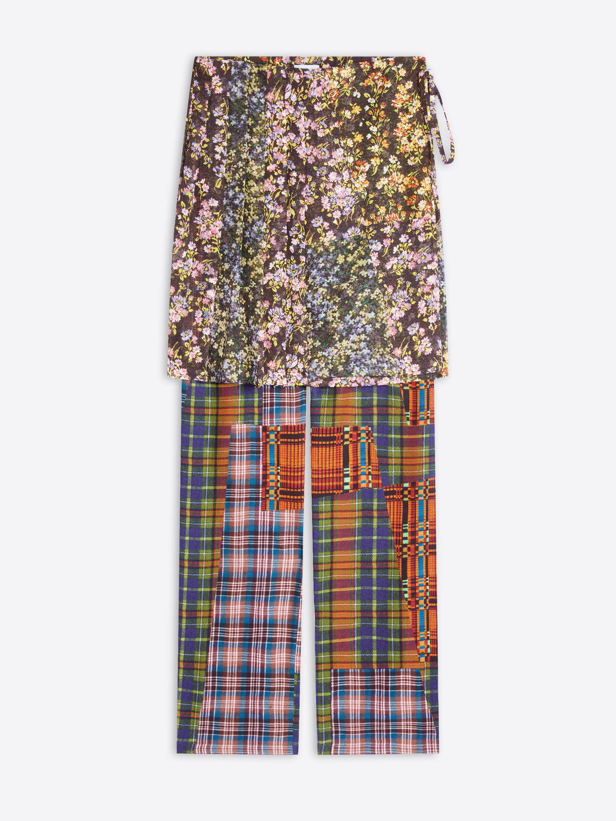 A  floral printed skirt and plaid trousers in multiple colors on light gray background. 