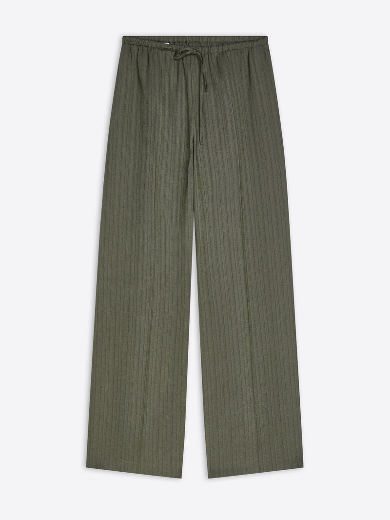 A pair of olive green wide-leg trousers with a subtle vertical textured stripe pattern and an elastic drawstring waist, shown flat against a light gray background.