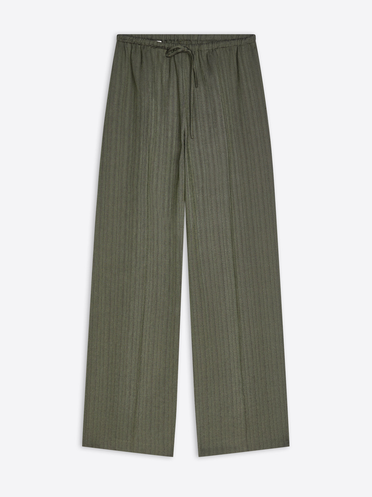 A pair of olive green wide-leg trousers with a subtle vertical textured stripe pattern and an elastic drawstring waist, shown flat against a light gray background.