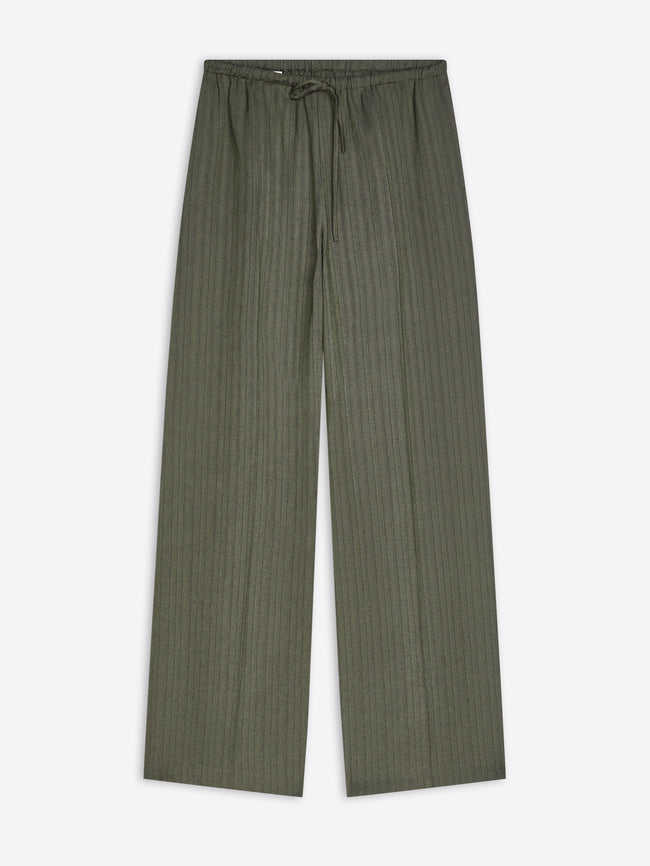 A pair of olive green wide-leg trousers with a subtle vertical textured stripe pattern and an elastic drawstring waist, shown flat against a light gray background.