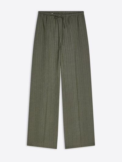 A pair of olive green wide-leg trousers with a subtle vertical textured stripe pattern and an elastic drawstring waist, shown flat against a light gray background.