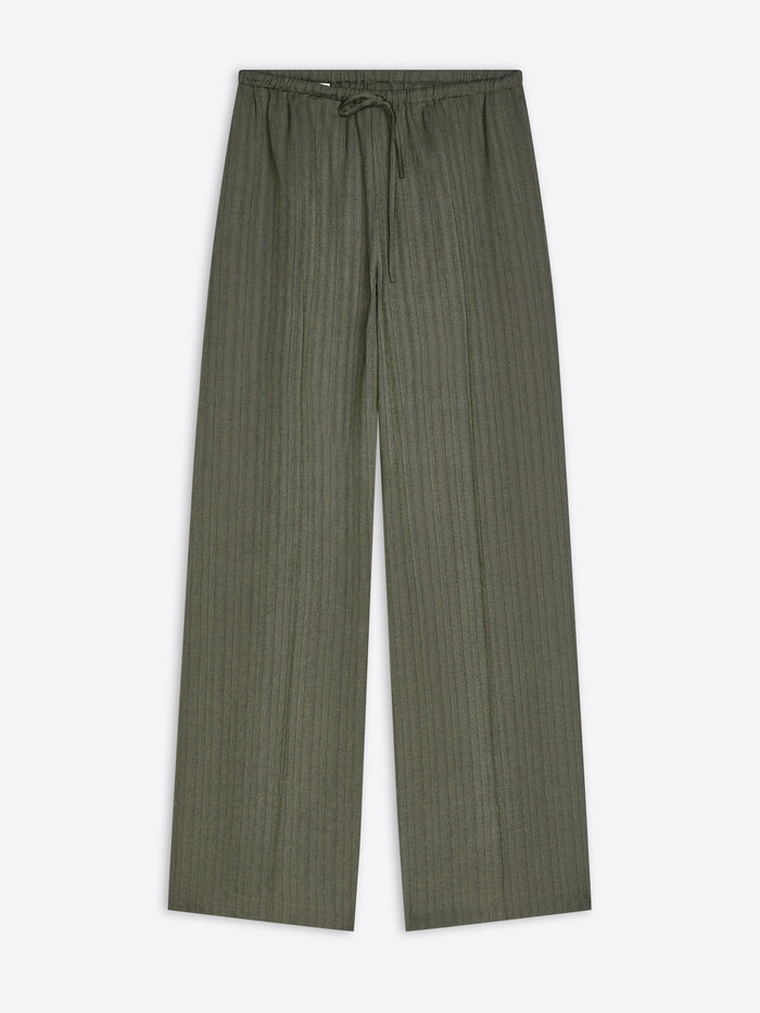 A pair of olive green wide-leg trousers with a subtle vertical textured stripe pattern and an elastic drawstring waist, shown flat against a light gray background.
