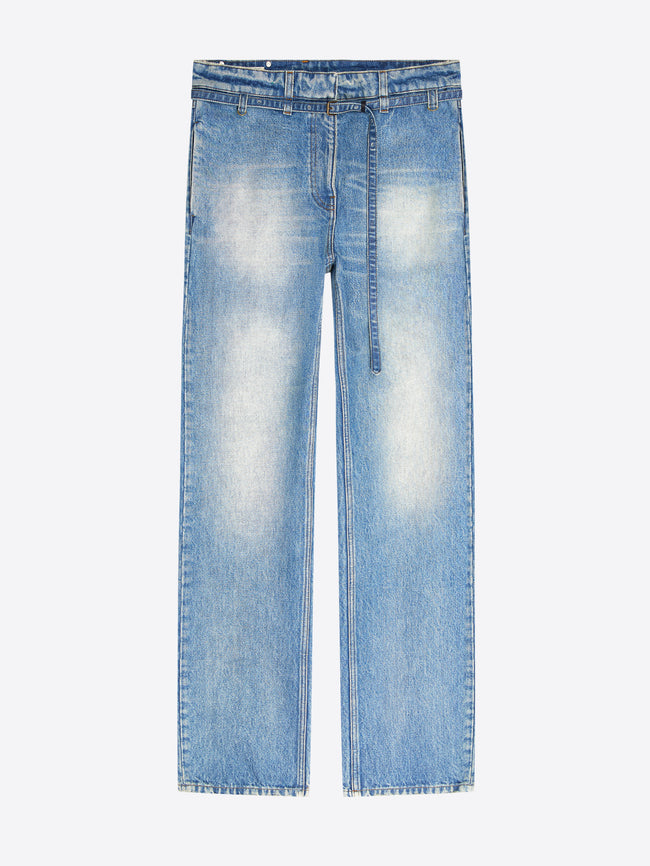 Light blue denim jeans with a faded wash and a tie-waist belt, shown flat against a light gray background.