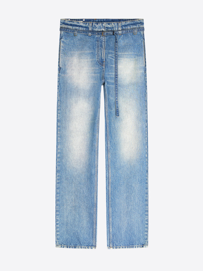 Light blue denim jeans with a faded wash and a tie-waist belt, shown flat against a light gray background.
