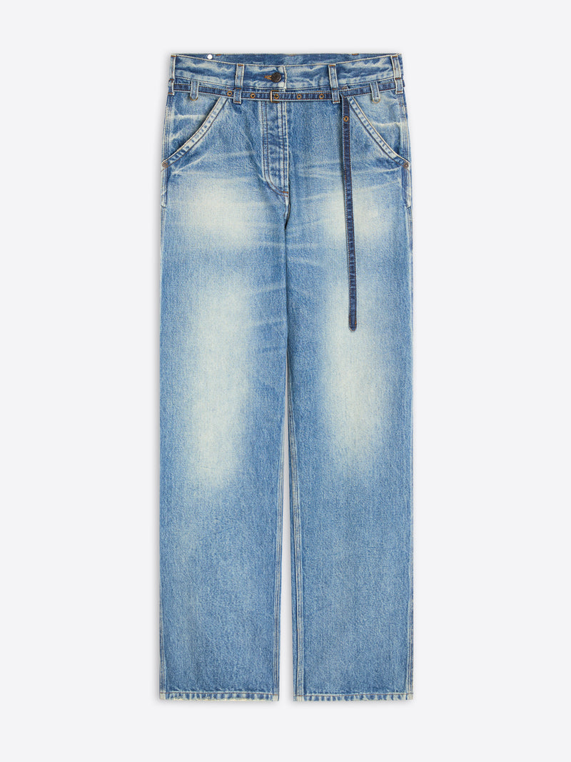 Light-blue denim jeans with a faded wash and a tie-waist belt, shown flat against a light gray background.