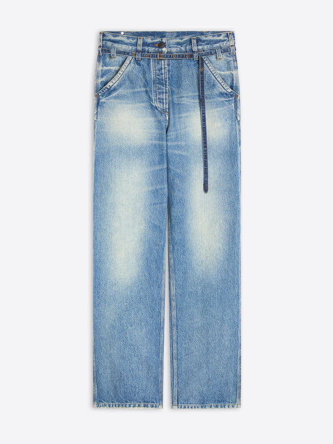 Light-blue denim jeans with a faded wash and a tie-waist belt, shown flat against a light gray background.