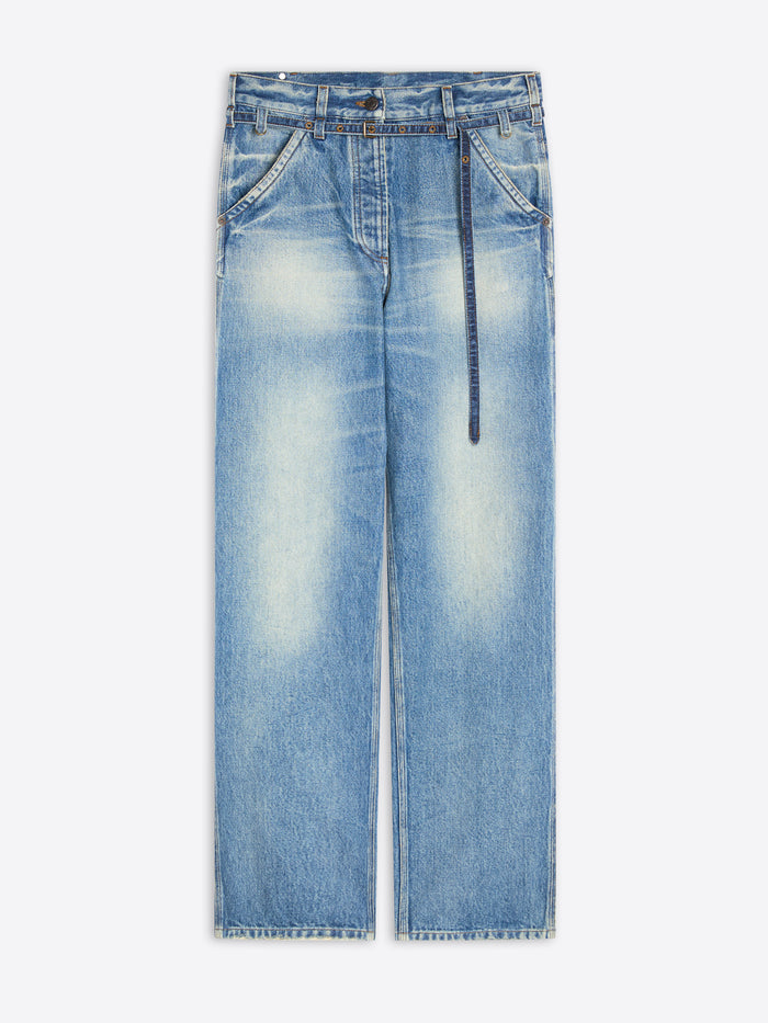 Light-blue denim jeans with a faded wash and a tie-waist belt, shown flat against a light gray background.