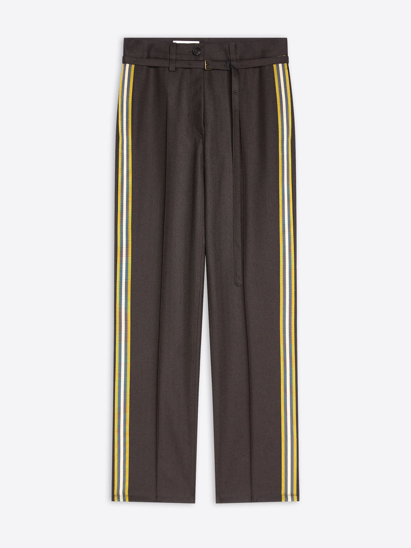 Charcoal track-style pants featuring yellow side stripes on a light gray background 