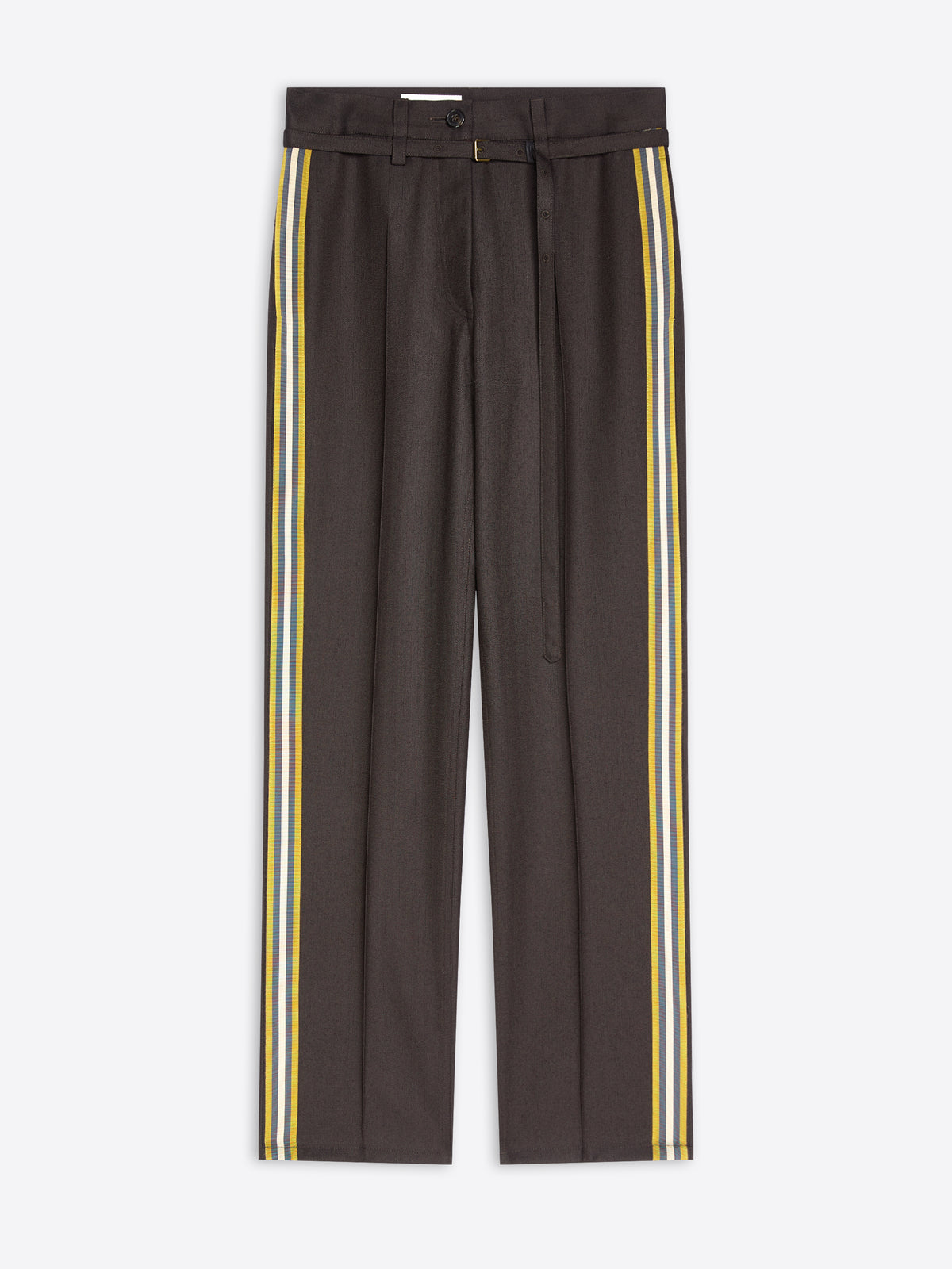 Charcoal track-style pants featuring yellow side stripes on a light gray background 