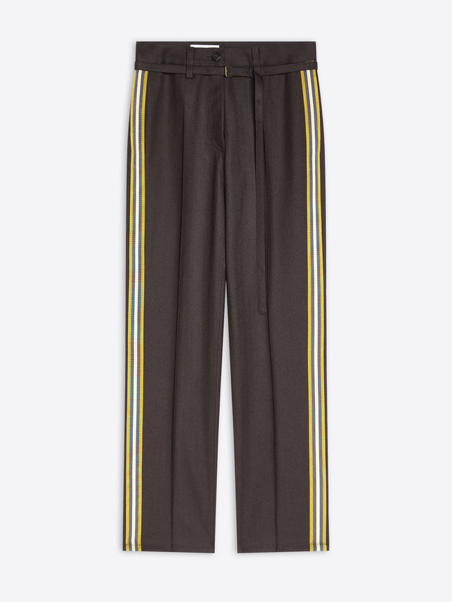 Charcoal track-style pants featuring yellow side stripes on a light gray background 