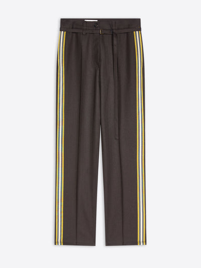 Charcoal track-style pants featuring yellow side stripes on a light gray background 