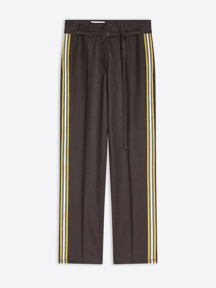 Charcoal track-style pants featuring yellow side stripes on a light gray background 