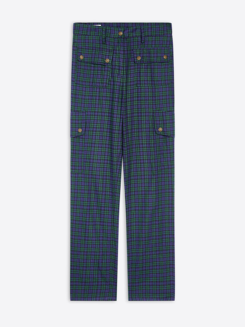 A pair of dark green and navy plaid trousers with buttons, displayed flat against a light gray background.
