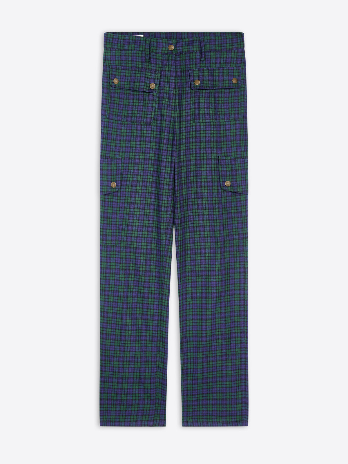 A pair of dark green and navy plaid trousers with buttons, displayed flat against a light gray background.