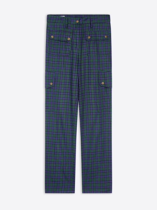 A pair of dark green and navy plaid trousers with buttons, displayed flat against a light gray background.