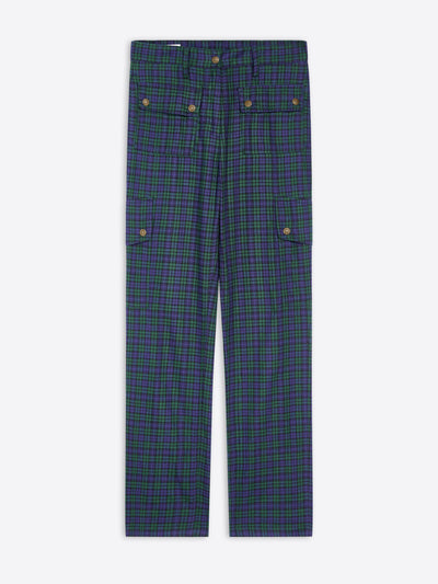 A pair of dark green and navy plaid trousers with buttons, displayed flat against a light gray background.