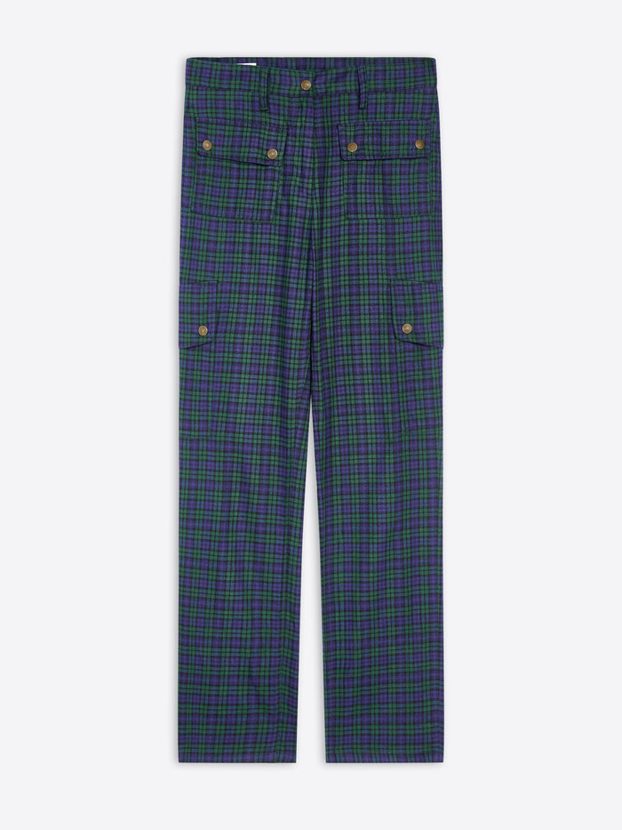 A pair of dark green and navy plaid trousers with buttons, displayed flat against a light gray background.