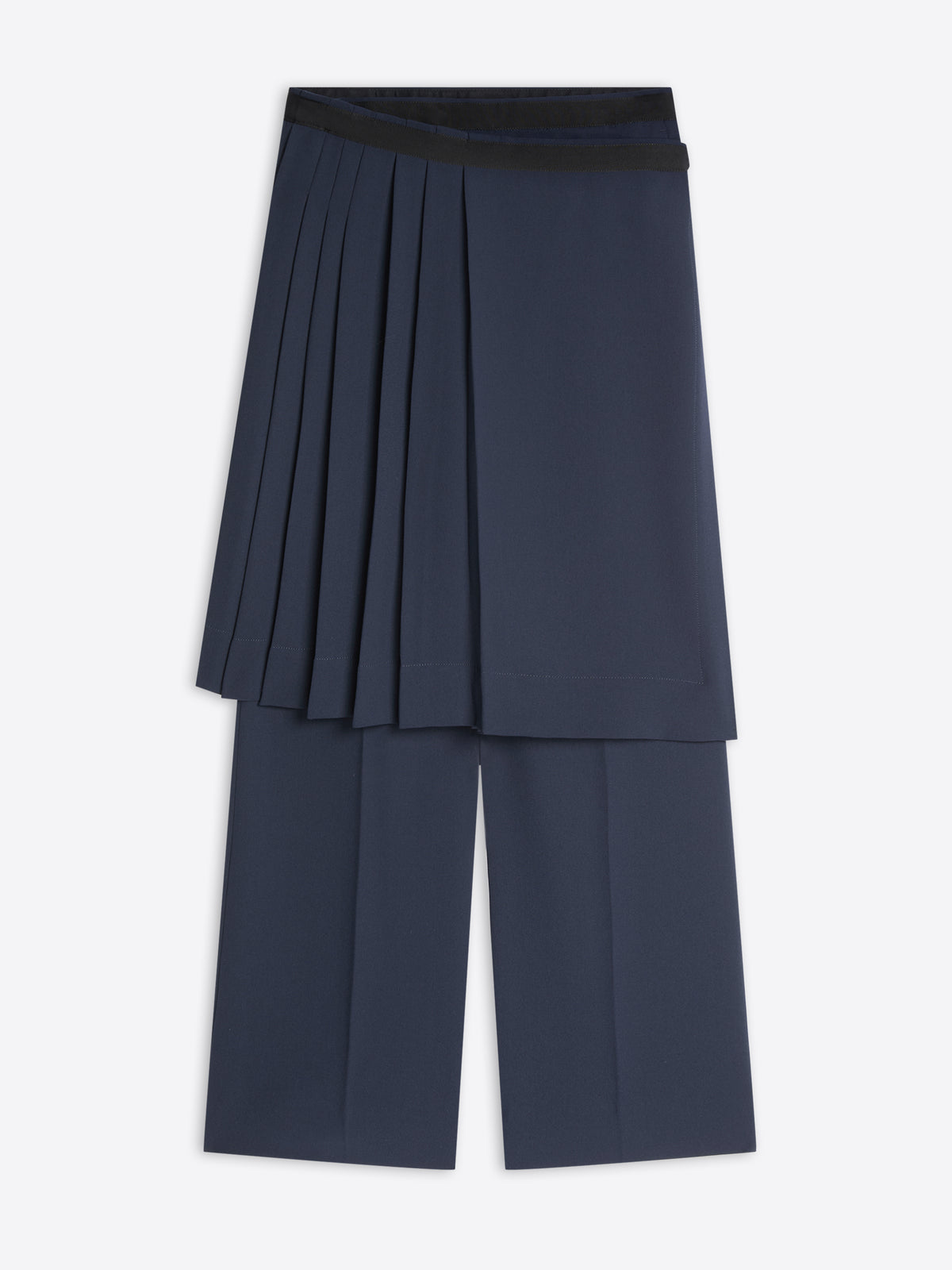 A pair of navy blue wide-leg cropped pants featuring a layered dark navy pleated skirt.
