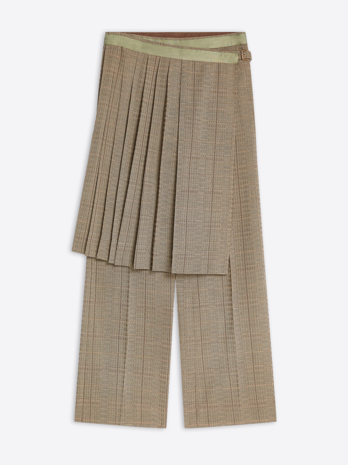 A pair of beige and brown plaid wide-leg cropped pants featuring a layered beige and brown pleated skirt.