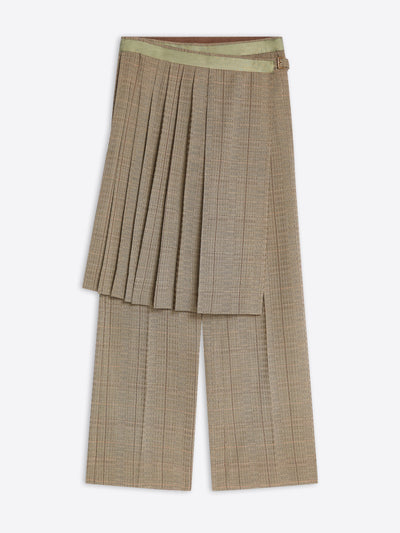 A pair of beige and brown plaid wide-leg cropped pants featuring a layered beige and brown pleated skirt.
