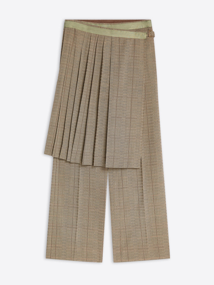 A pair of beige and brown plaid wide-leg cropped pants featuring a layered beige and brown pleated skirt.
