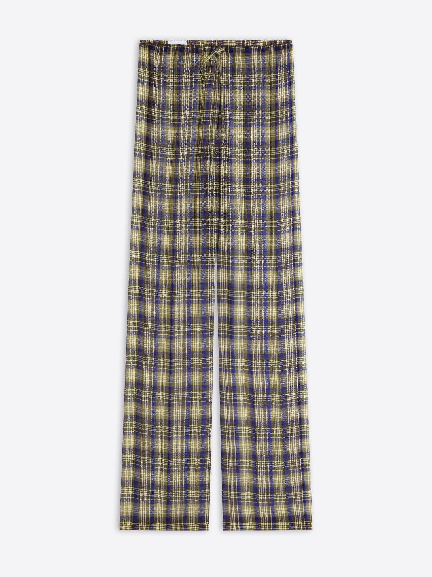 A pair of wide-leg pants featuring a yellow, navy, and gray plaid pattern, displayed flat against a light gray background.
