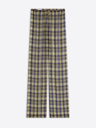 A pair of wide-leg pants featuring a yellow, navy, and gray plaid pattern, displayed flat against a light gray background.