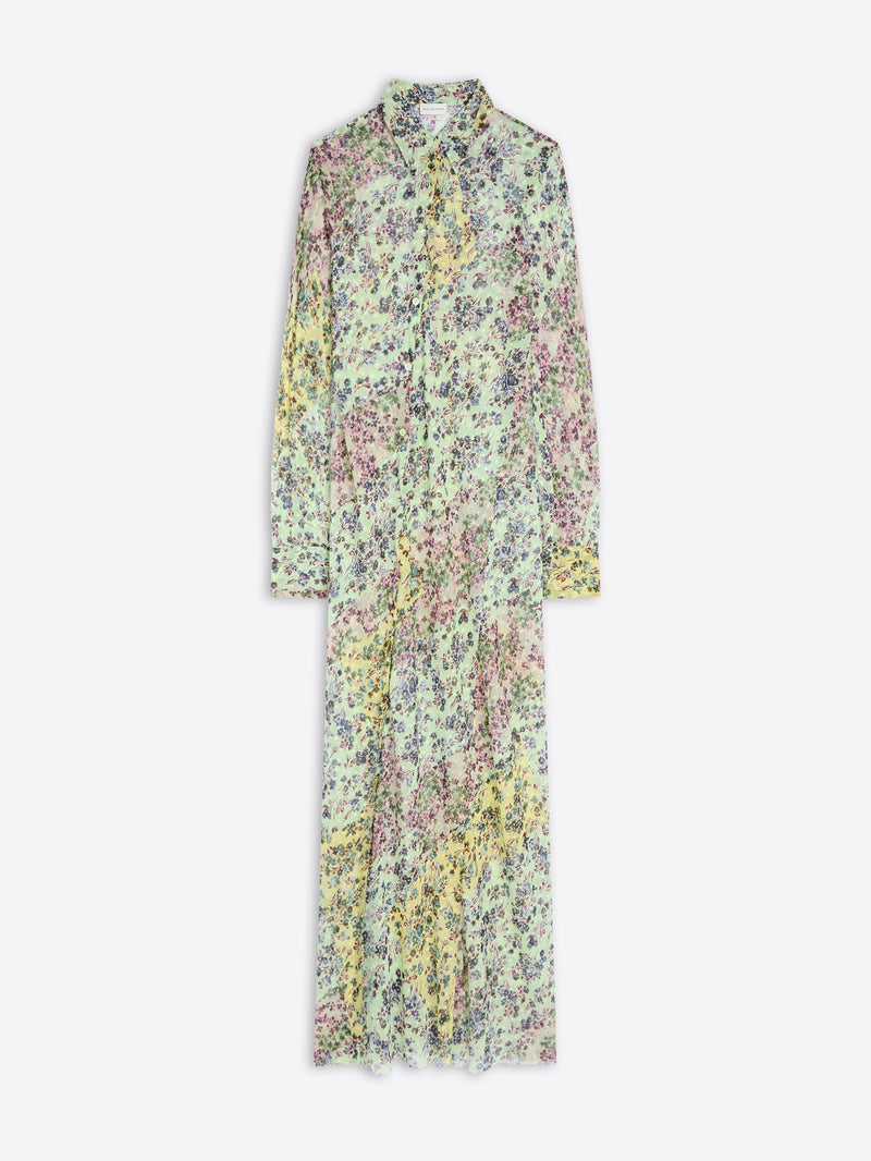 A long-sleeve collared maxi shirt dress with an all-over dense floral print in pastel yellow, pink, green, and blue on a light background, shown flat against a light gray background.