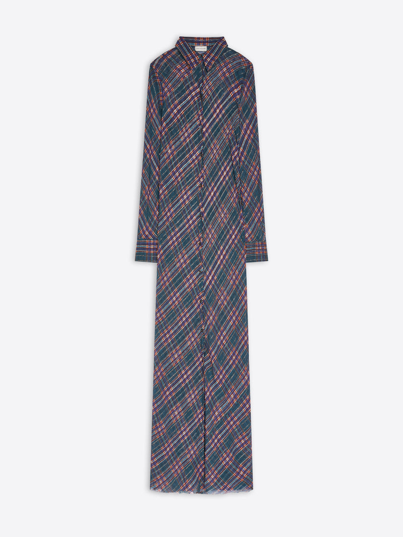 A long-sleeve button-front shirt dress with a diagonal plaid pattern in navy blue and pink, shown flat against a light gray background.