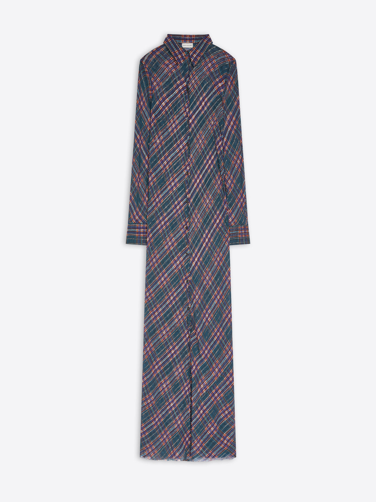 A long-sleeve button-front shirt dress with a diagonal plaid pattern in navy blue and pink, shown flat against a light gray background.