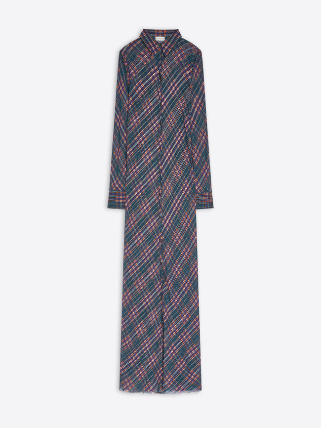 A long-sleeve button-front shirt dress with a diagonal plaid pattern in navy blue and pink, shown flat against a light gray background.