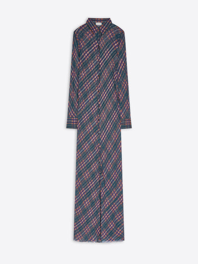 A long-sleeve button-front shirt dress with a diagonal plaid pattern in navy blue and pink, shown flat against a light gray background.